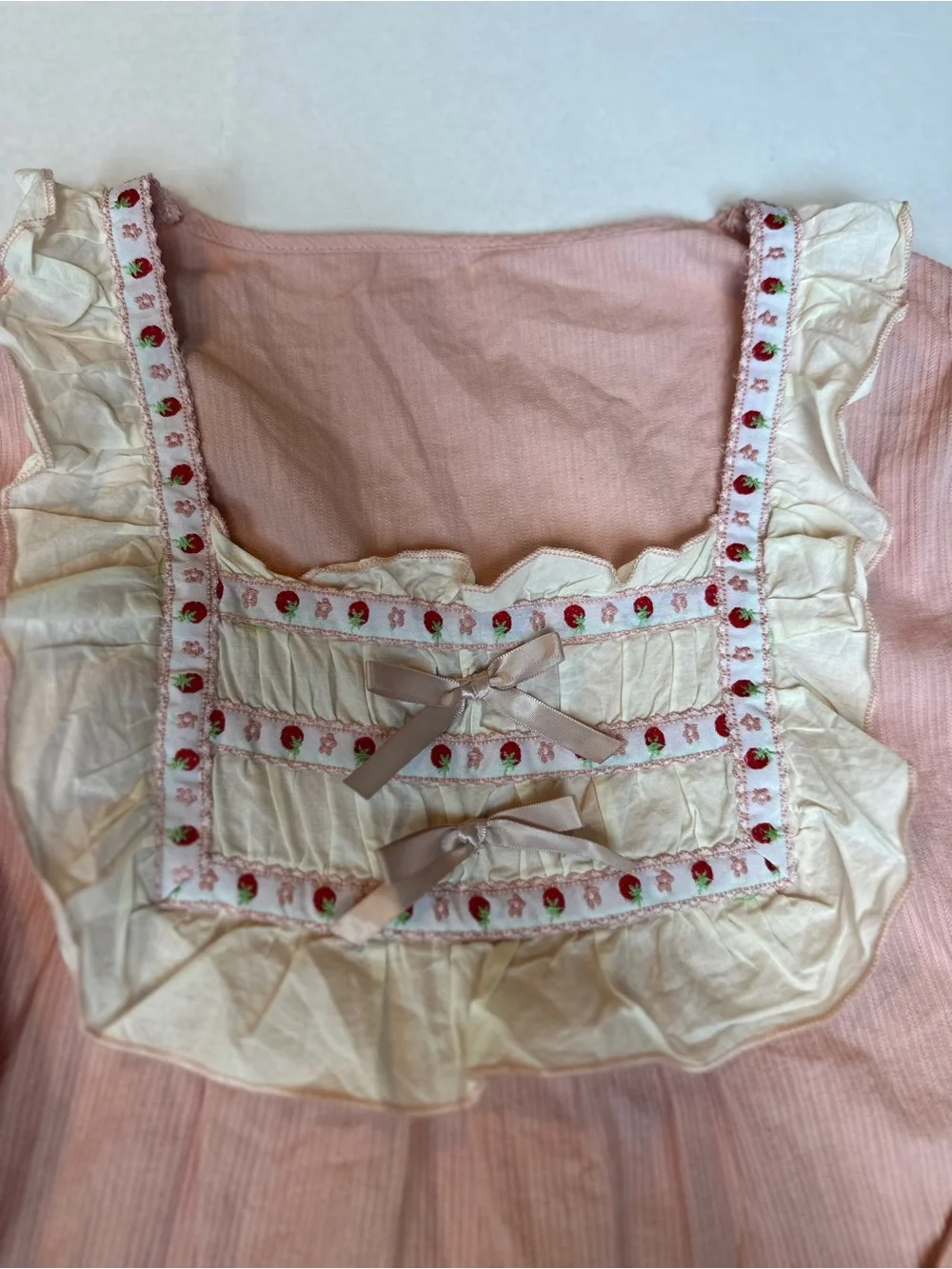Vintage Inspired Cottagecore Pastel Pink Ruffle Pajamas Set Strawberry Sz S/M